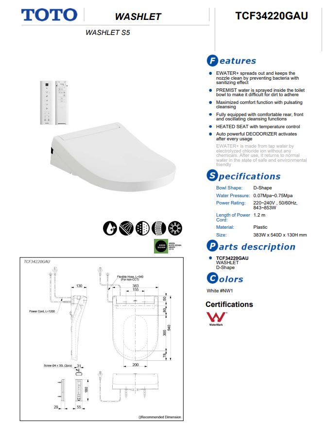 TOTO S5 WASHLET W/ REMOTE CONTROL (D-SHAPED)