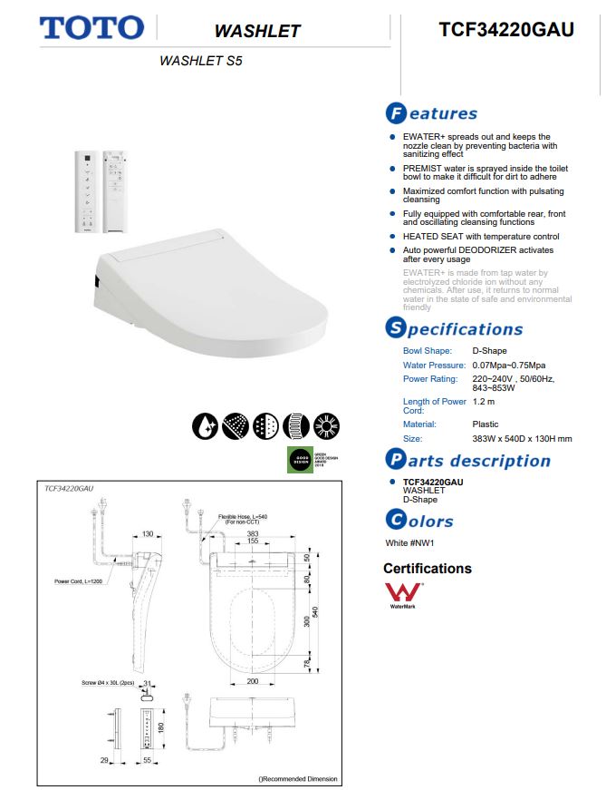 TOTO S5 WASHLET (AUSTRALIAN-SPEC) WITH REMOTE CONTROL D-SHAPED GLOSS WHITE