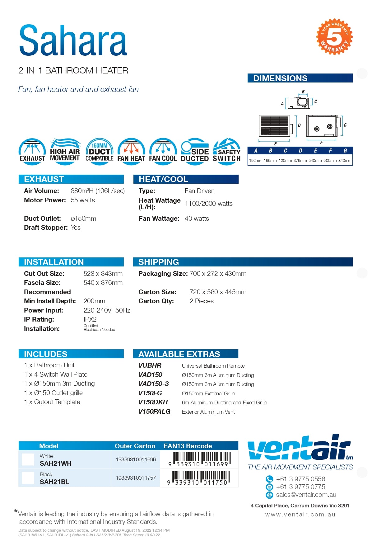 VENTAIR SAHARA HIGH PERFORMANCE 2 IN 1 BATHROOM UNIT WITH INTEGRATED FAN,HEAT AND EXHAUST FAN WHITE