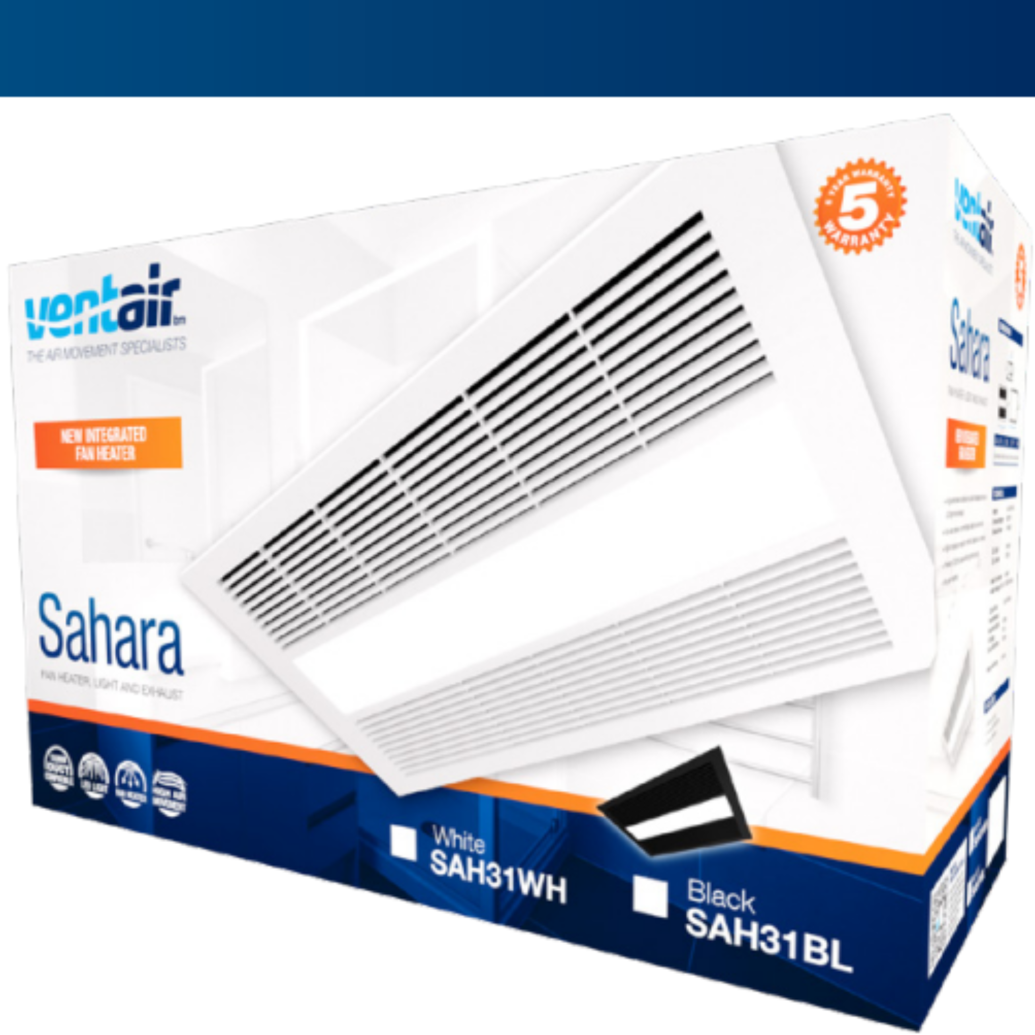 VENTAIR SAHARA HIGH PERFORMANCE 4 IN 1 BATHROOM UNIT WITH INTEGRATED FAN, HEAT, LED LIGHT AND EXHAUST FAN BLACK