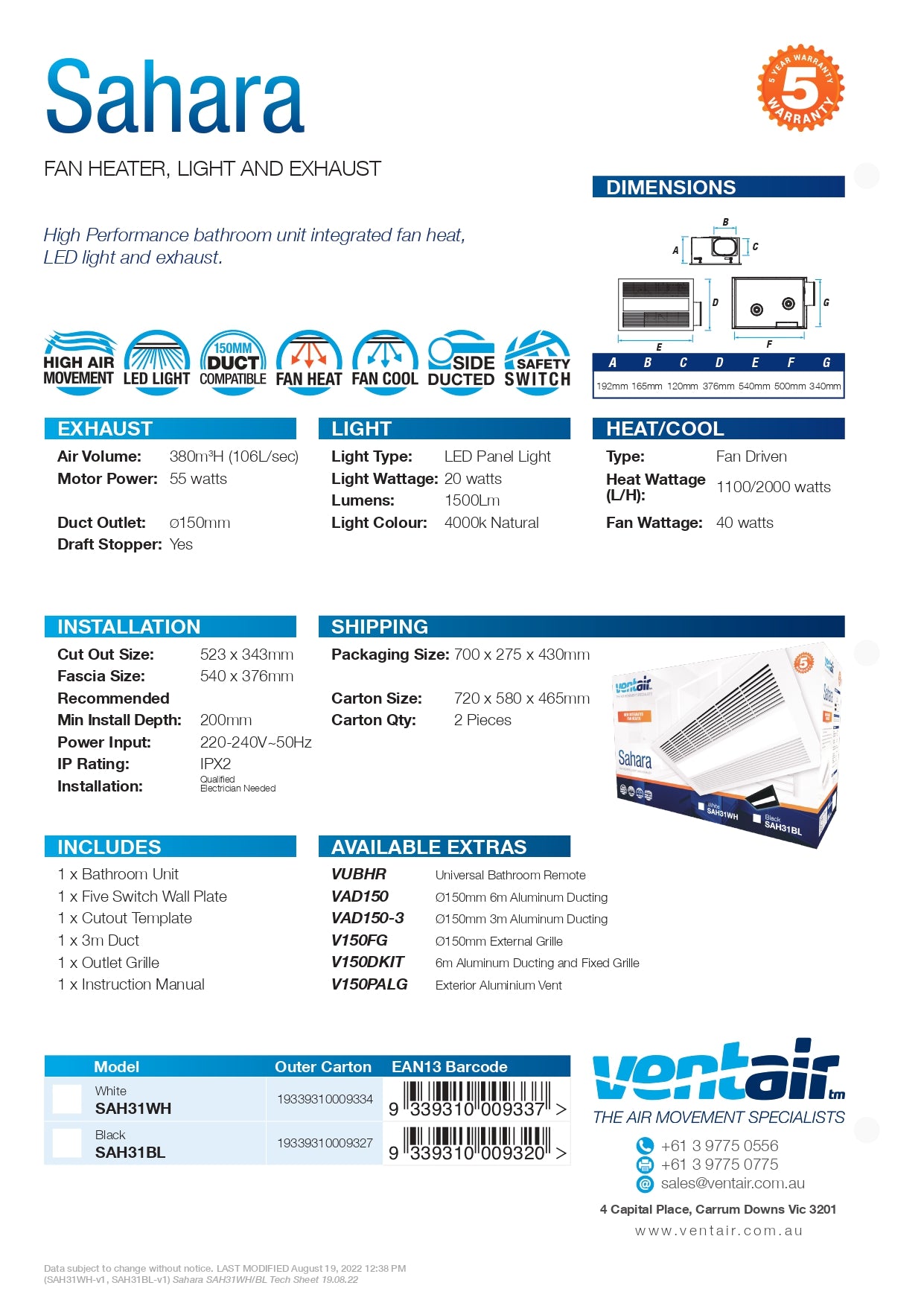 VENTAIR SAHARA HIGH PERFORMANCE 4 IN 1 BATHROOM UNIT WITH INTEGRATED FAN, HEAT, LED LIGHT AND EXHAUST FAN WHITE