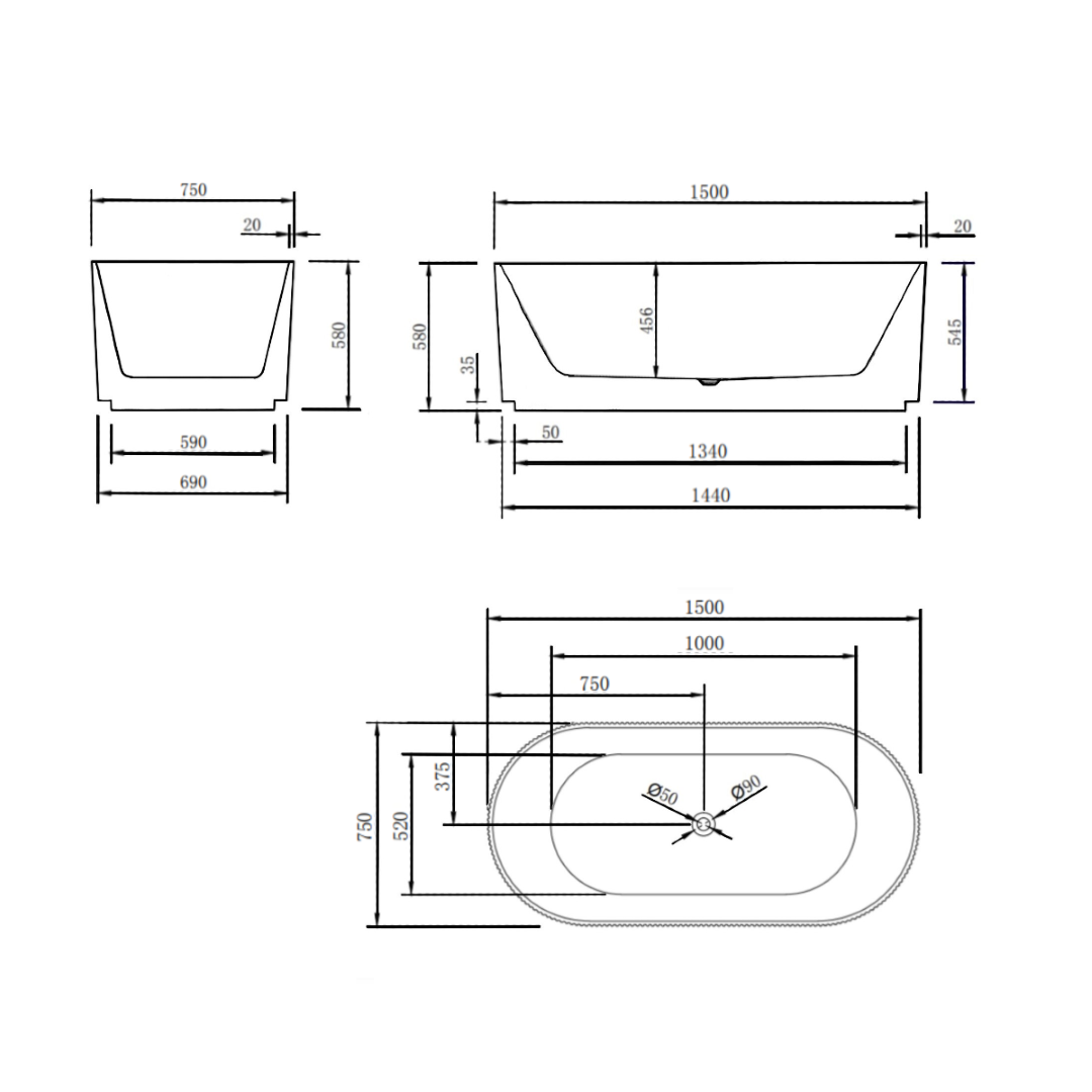 ENFLAIR BRIGHTON GROOVE FREESTANDING BATH MATTE BLACK (AVAILABLE IN 1500MM AND 1700MM)