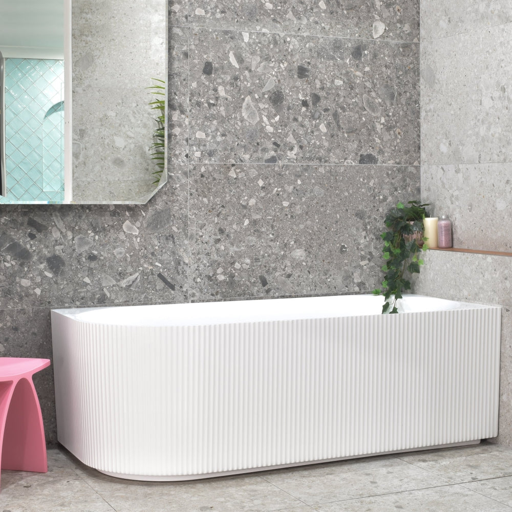 ENFLAIR BRIGHTON GROOVE FREESTANDING RIGHT CORNER BATHTUB GLOSS WHITE 1500MM AND 1700MM