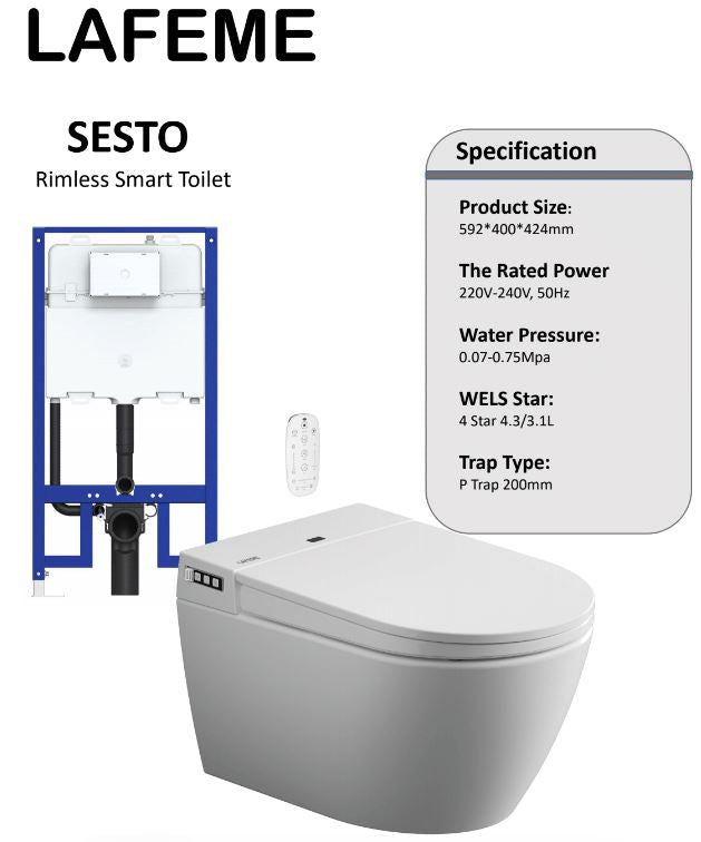 LAFEME SESTO SMART TOILET WALL HUNG PACKAGE W/ AUTOFLUSH GLOSS WHITE