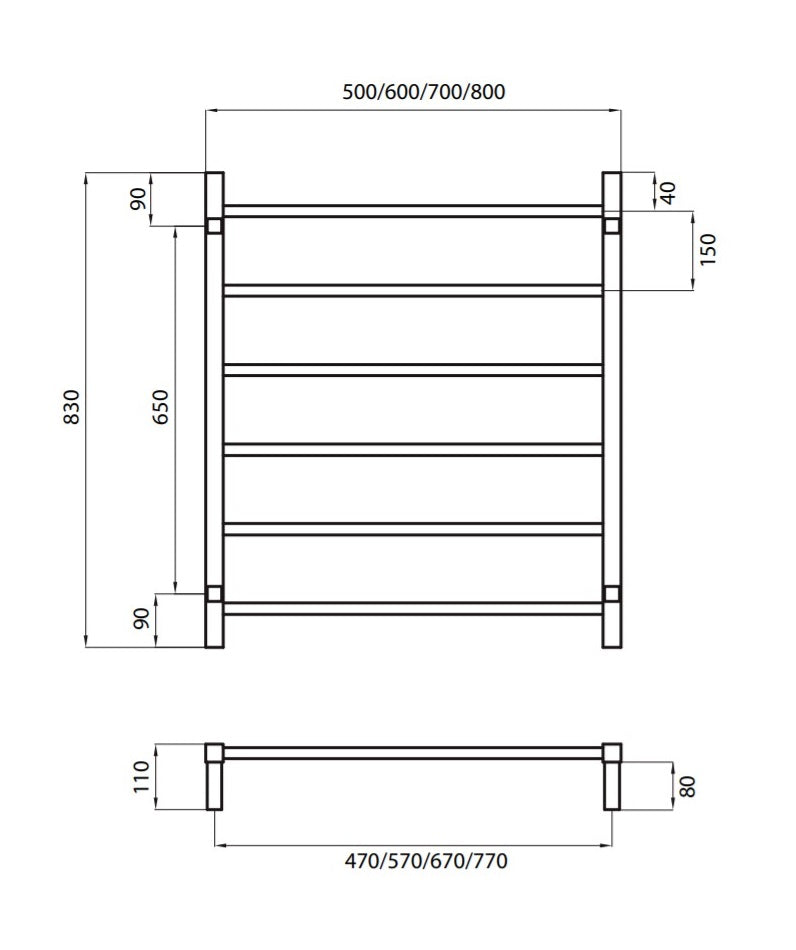 RADIANT HEATING 6-BARS SQUARE NON-HEATED TOWEL RAIL MATTE BLACK 700MM