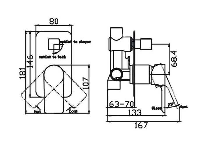 TAPART SLEEK WALL MIXER WITH DIVERTER 181MM BLACK AND CHROME