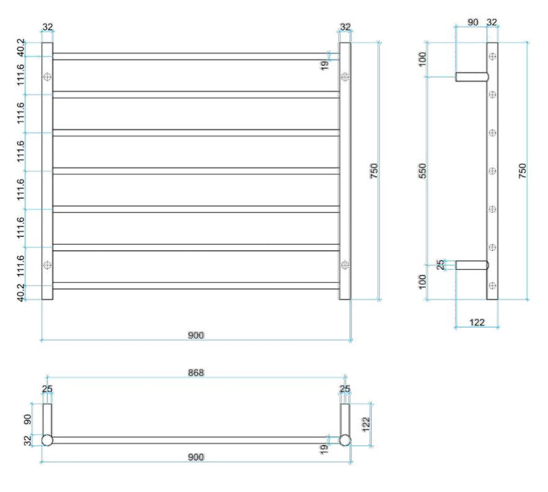 THERMOGROUP SR93M STRAIGHT ROUND LADDER HEATED TOWEL RAIL 750MM