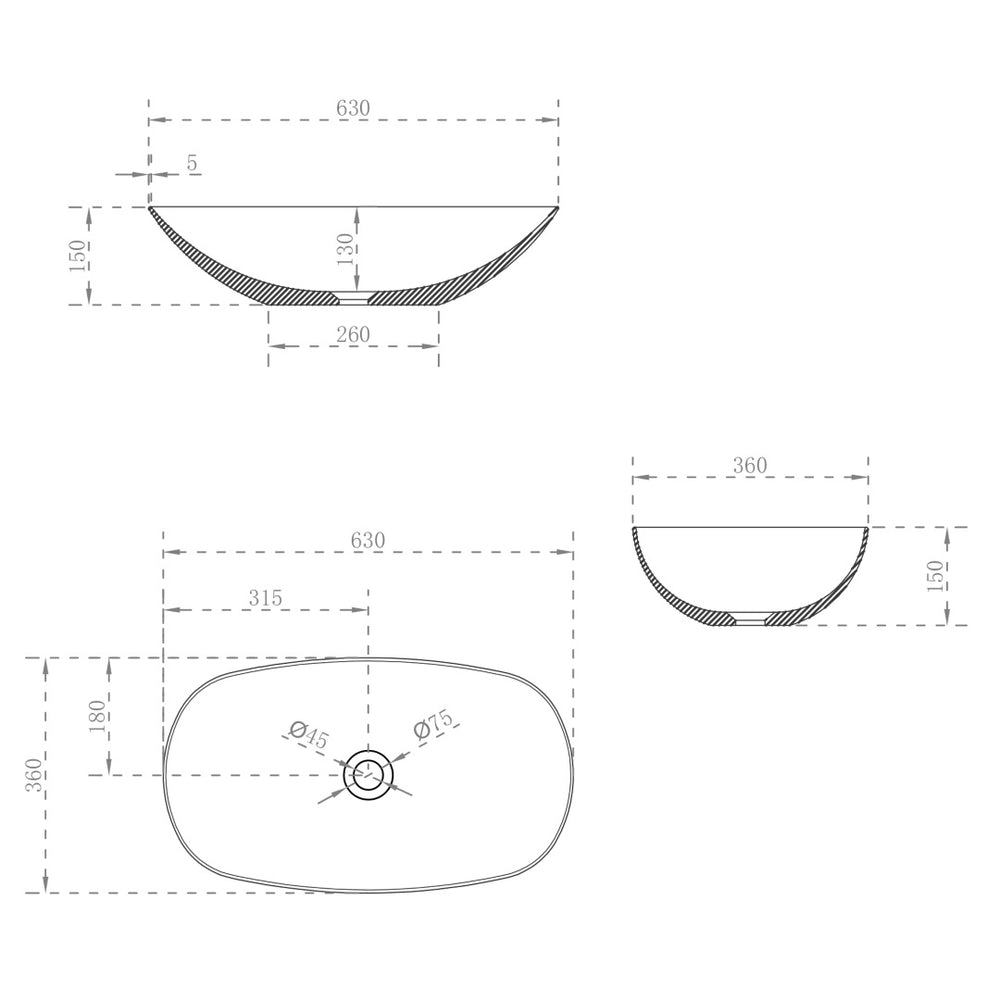 ENFLAIR ROLO ABOVE COUNTER BASIN MATTE WHITE 630MM