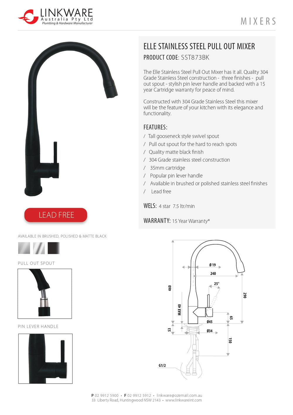 LINKWARE ELLE STEEL PULL OUT MIXER 460MM MATTE BLACK