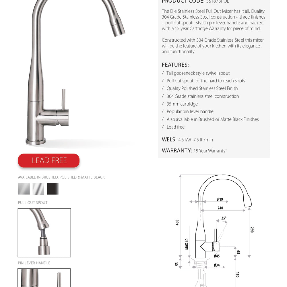 LINKWARE ELLE STEEL PULL OUT MIXER 460MM POLISHED STAINLESS STEEL