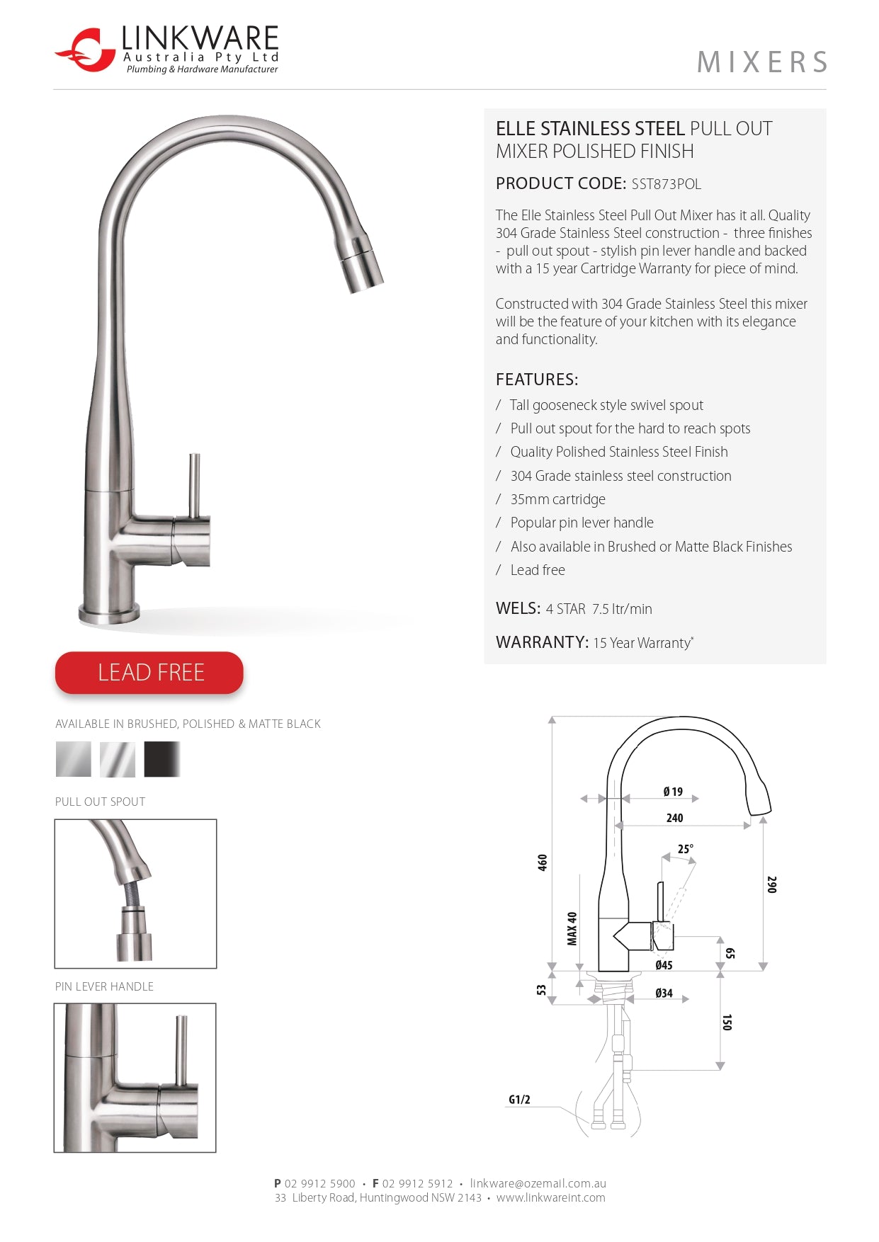 LINKWARE ELLE STEEL PULL OUT MIXER POLISHED STAINLESS STEEL