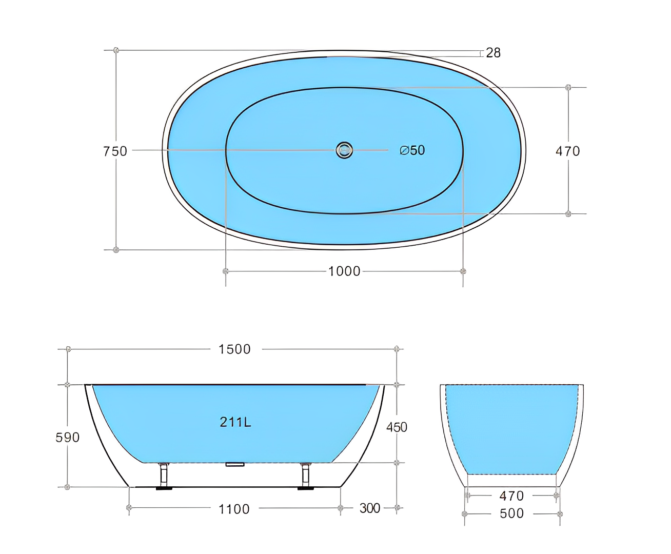 POSEIDON FREE STANDING MATTE BLACK BATHTUB 1500MM