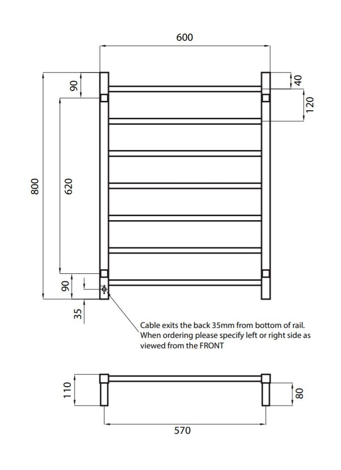 RADIANT HEATING 7-BAR SQUARE HEATED TOWEL RAIL MATTE BLACK 80WATTS 600MM