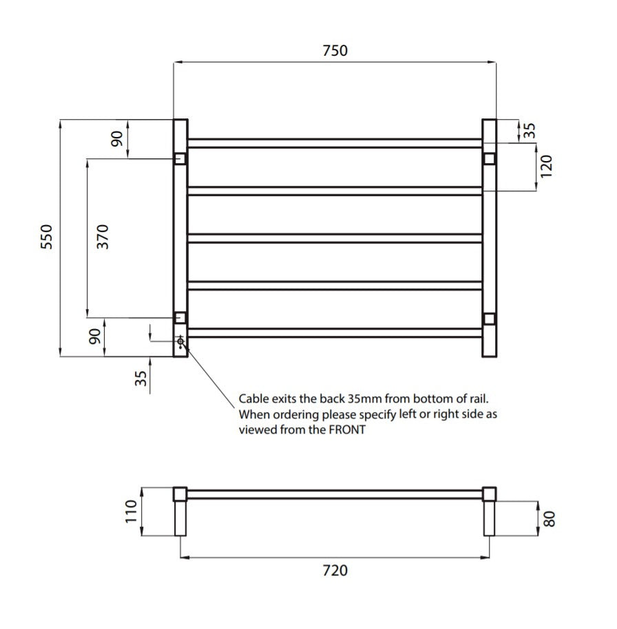 RADIANT HEATING 5-BARS SQUARE HEATED TOWEL RAIL CHROME 75WATTS 750MM