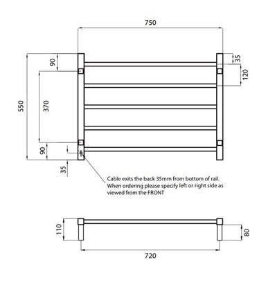 RADIANT HEATING 5-BARS SQUARE HEATED TOWEL RAIL MATTE BLACK 75WATTS 750MM