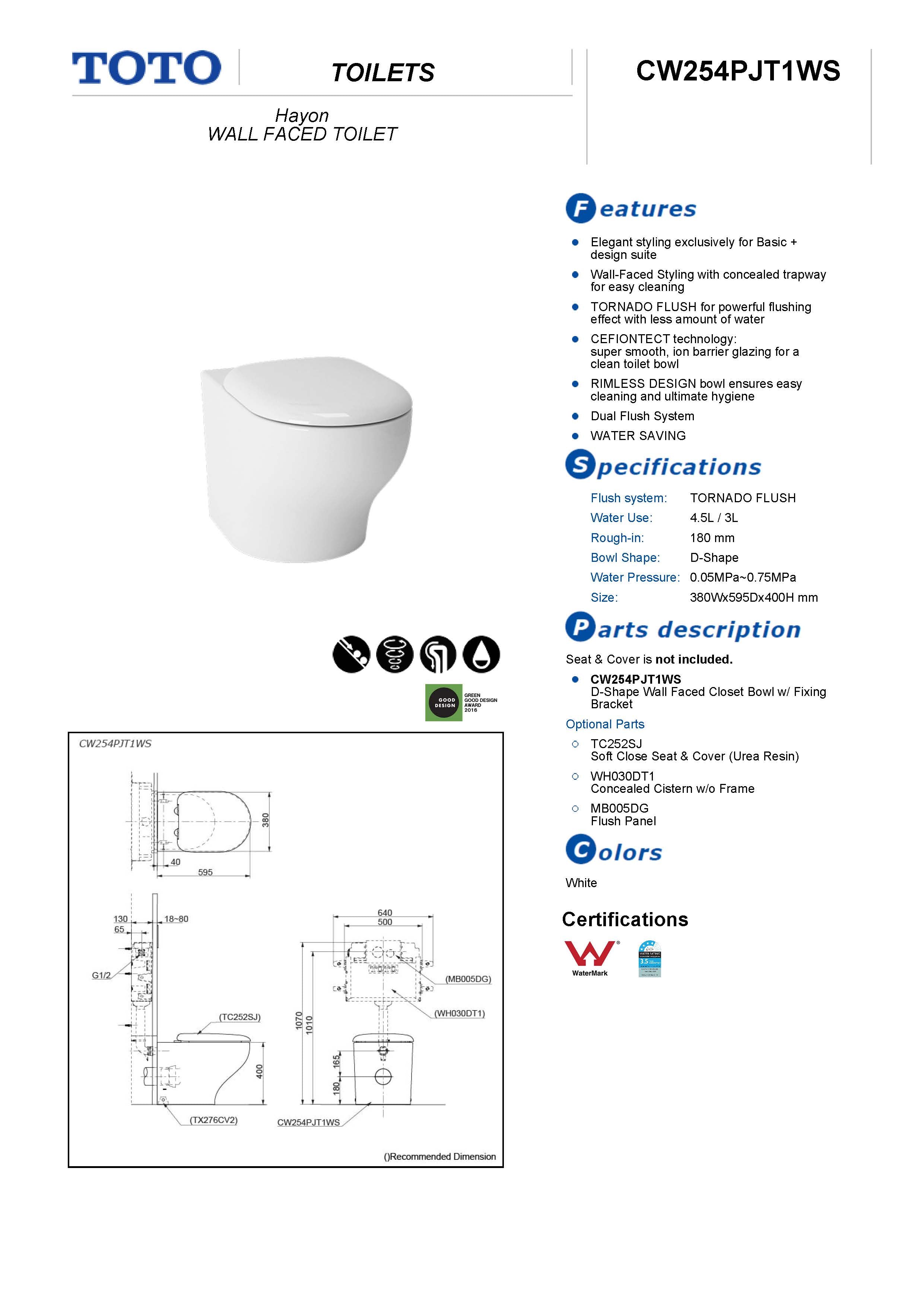 TOTO HAYON WALL FACED TOILET (D-SHAPE) GLOSS WHITE