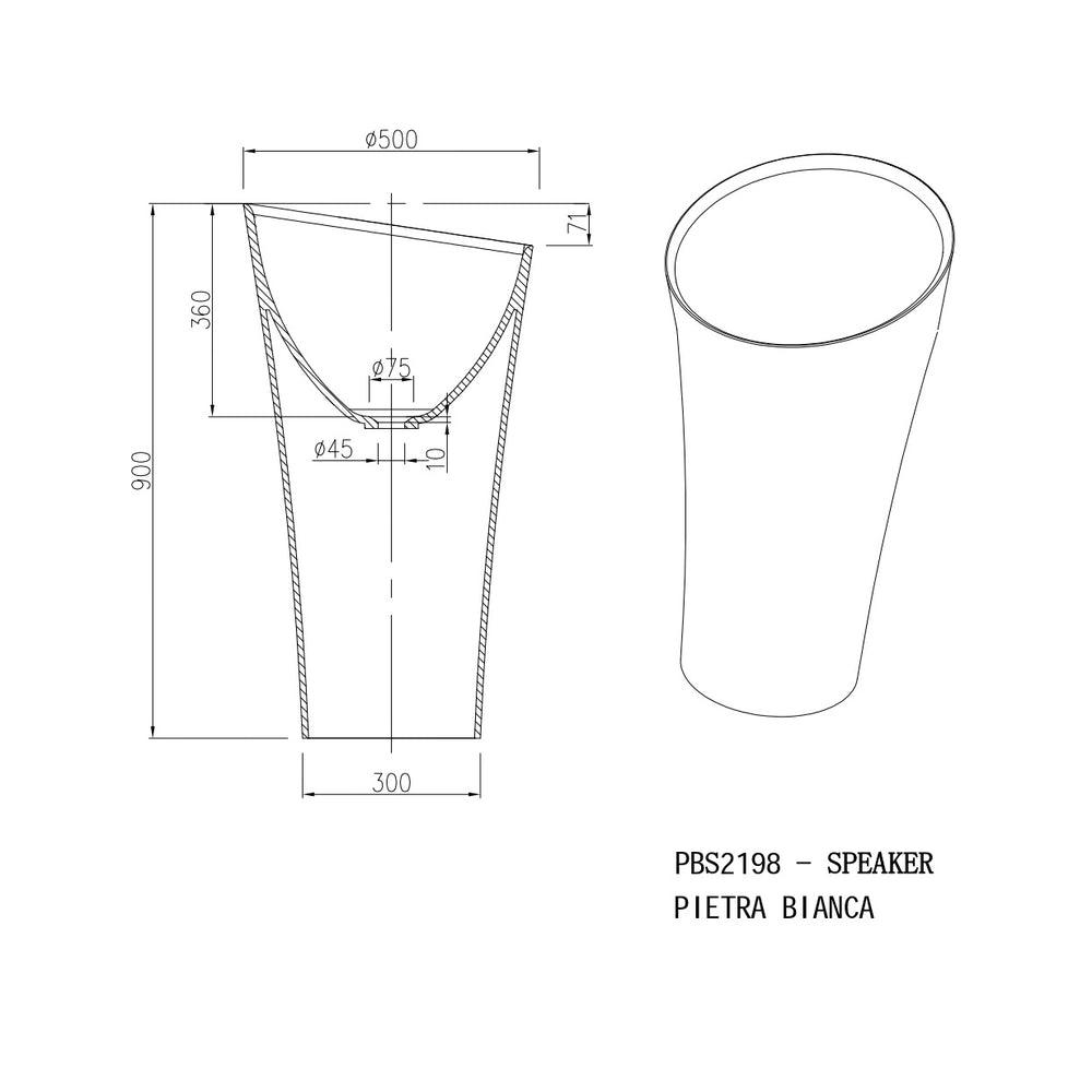 PIETRA BIANCA SPEAKER FREESTANDING PEDESTAL STONE BASIN WITH CUSTOM COLOURS 500MM