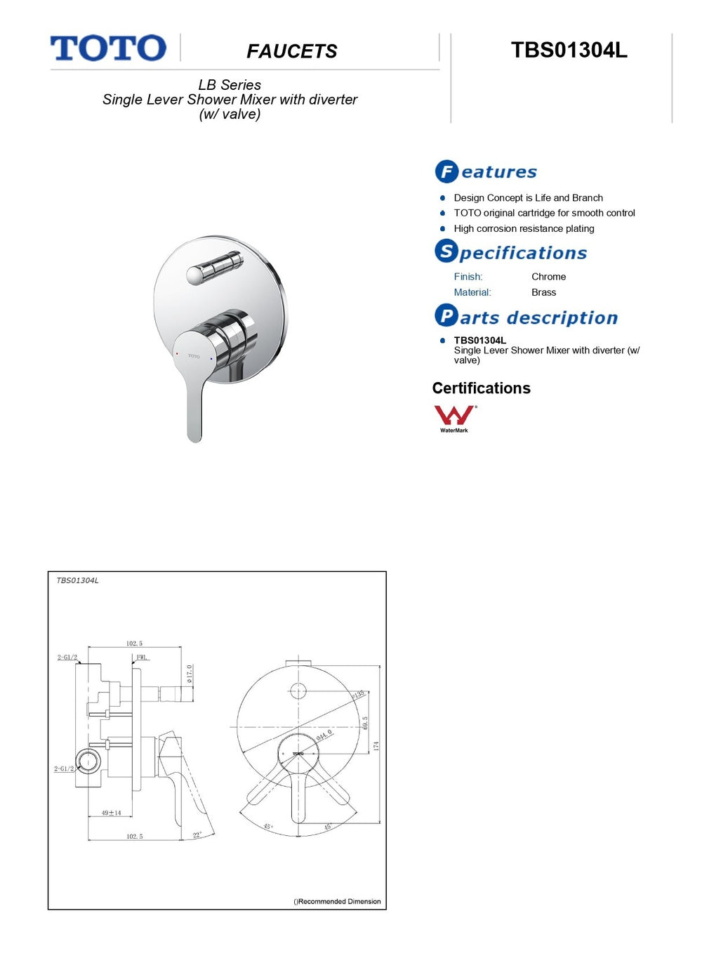 TOTO LB WALL MIXER WITH DIVERTER CHROME