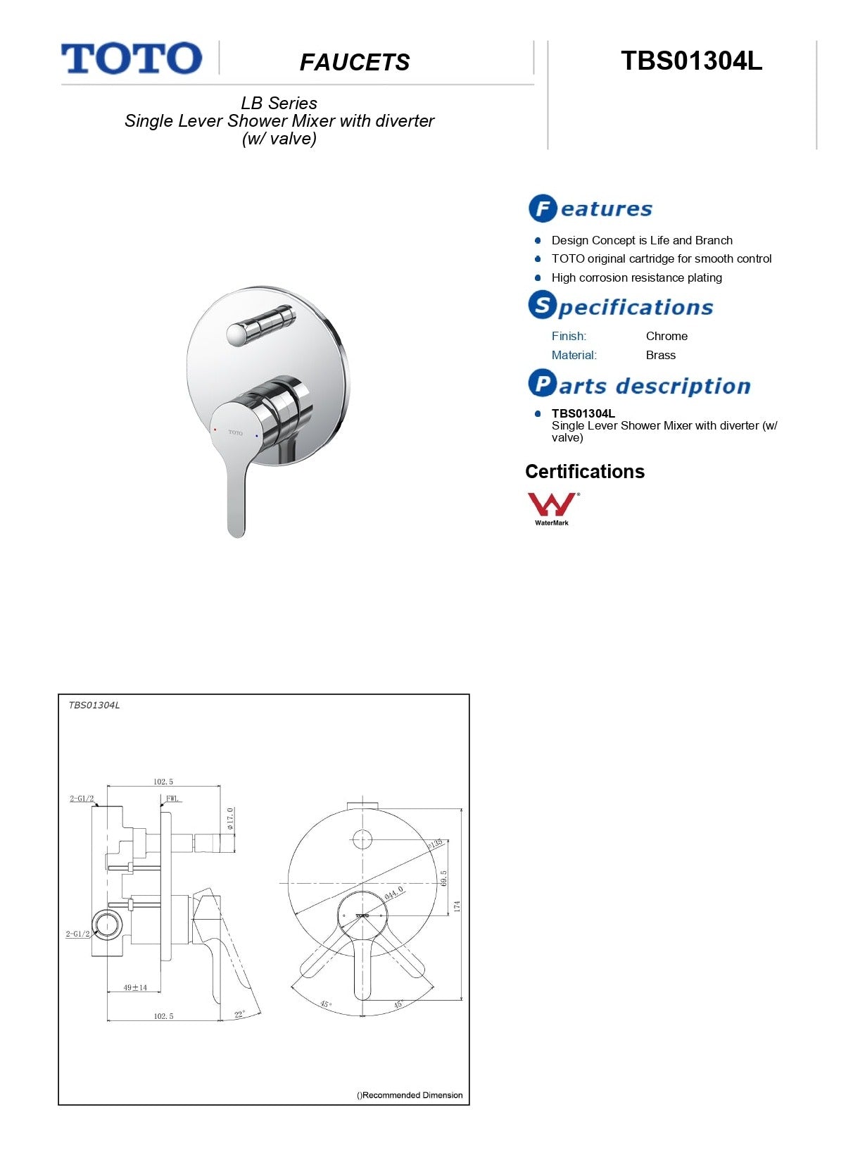 TOTO LB WALL MIXER WITH DIVERTER CHROME