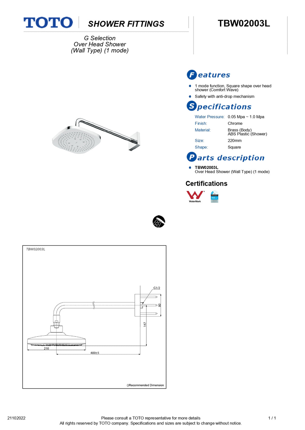 TOTO G SELECTION SQUARE SHOWER HEAD WITH SHOWER ARM 220MM CHROME