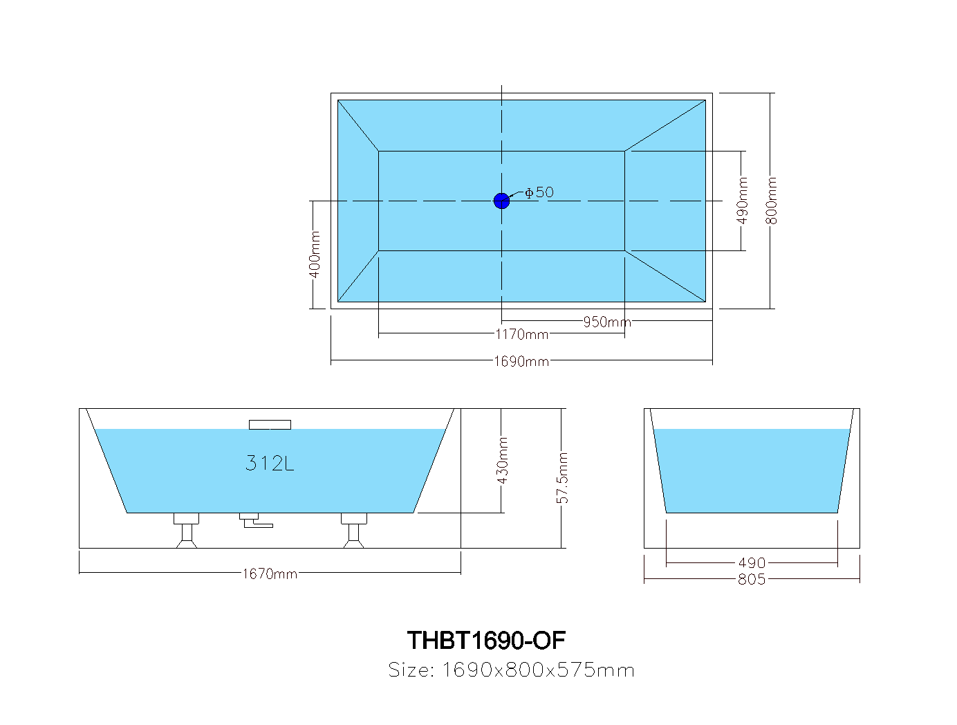 POSEIDON THEO BACK TO WALL BATHTUB GLOSS WHITE (AVAILABLE IN 1480MM AND 1690MM)