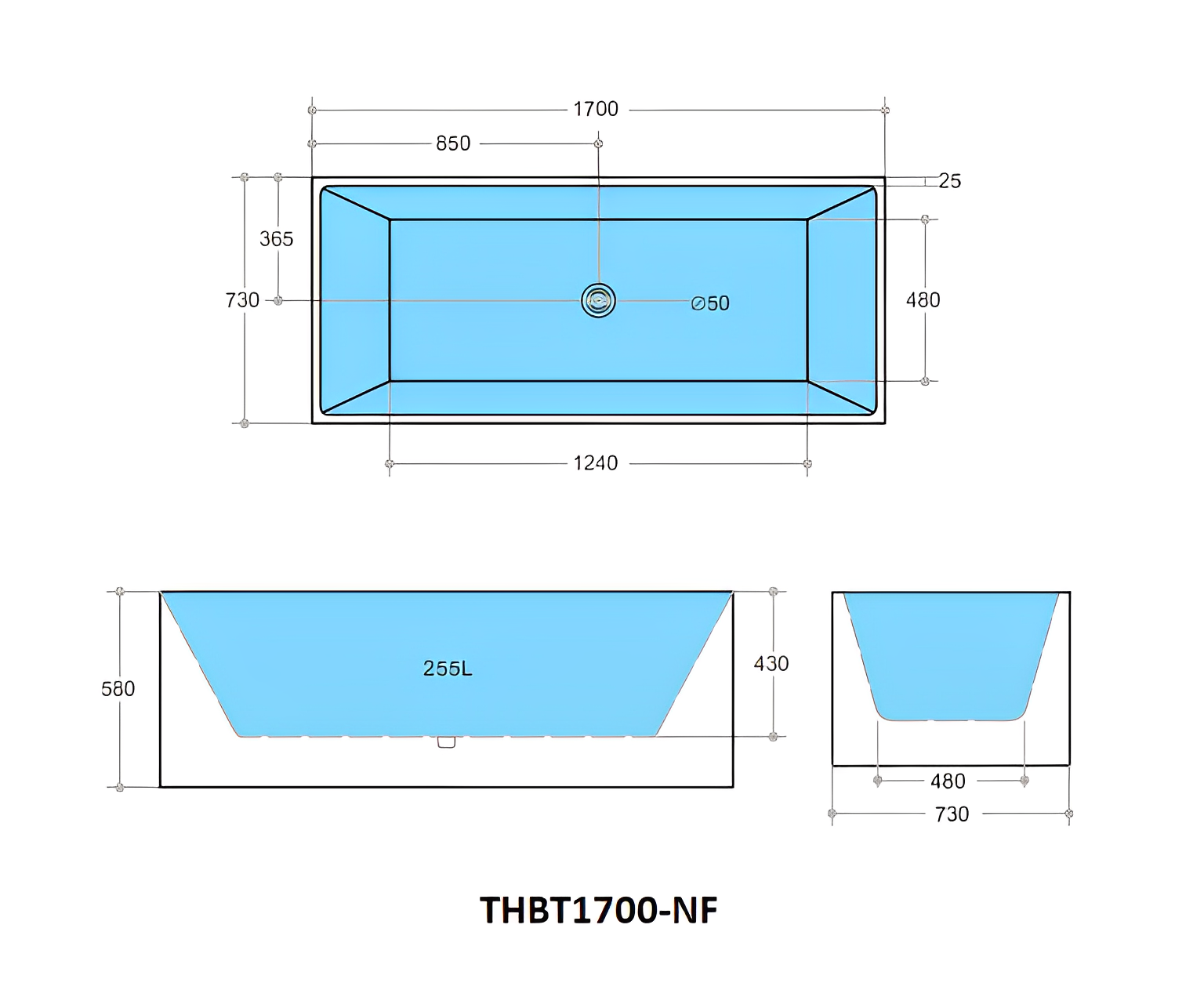 POSEIDON THEO BACK TO WALL BATH NF MATTE WHITE (AVAILABLE IN 1500MM AND 1700MM)