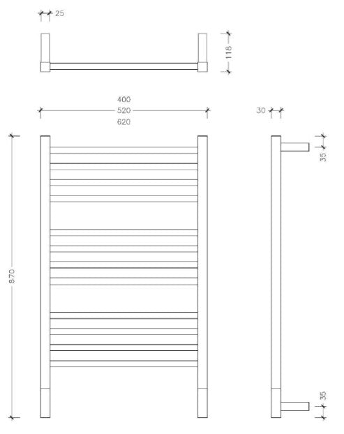 THERMOGROUP JEEVES LADDER HEATED TOWEL RAIL MATTE BLACK 870MM