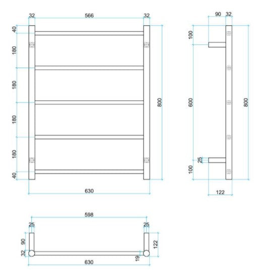THERMOGROUP STRAIGHT ROUND NON-HEATED LADDER TOWEL RAIL 630MM