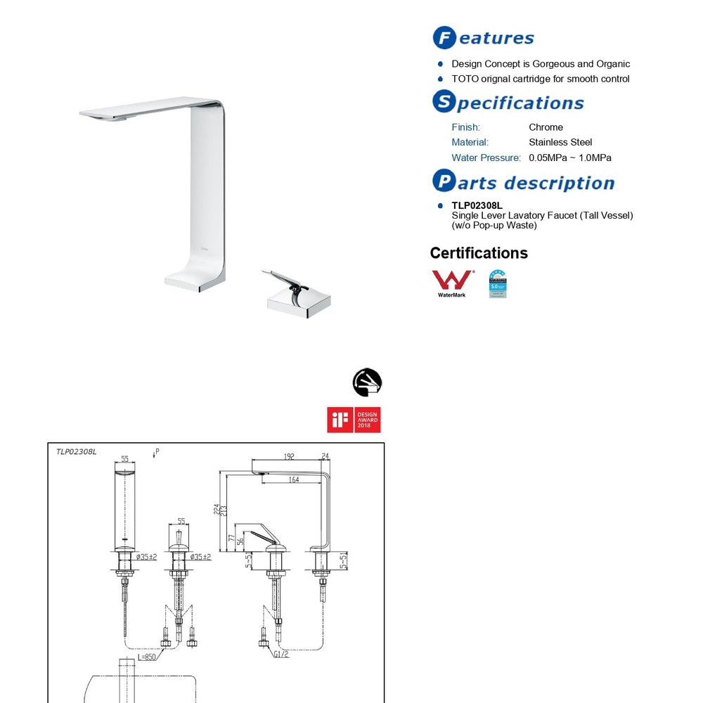 TOTO ZL TALL BASIN MIXER 224MM CHROME