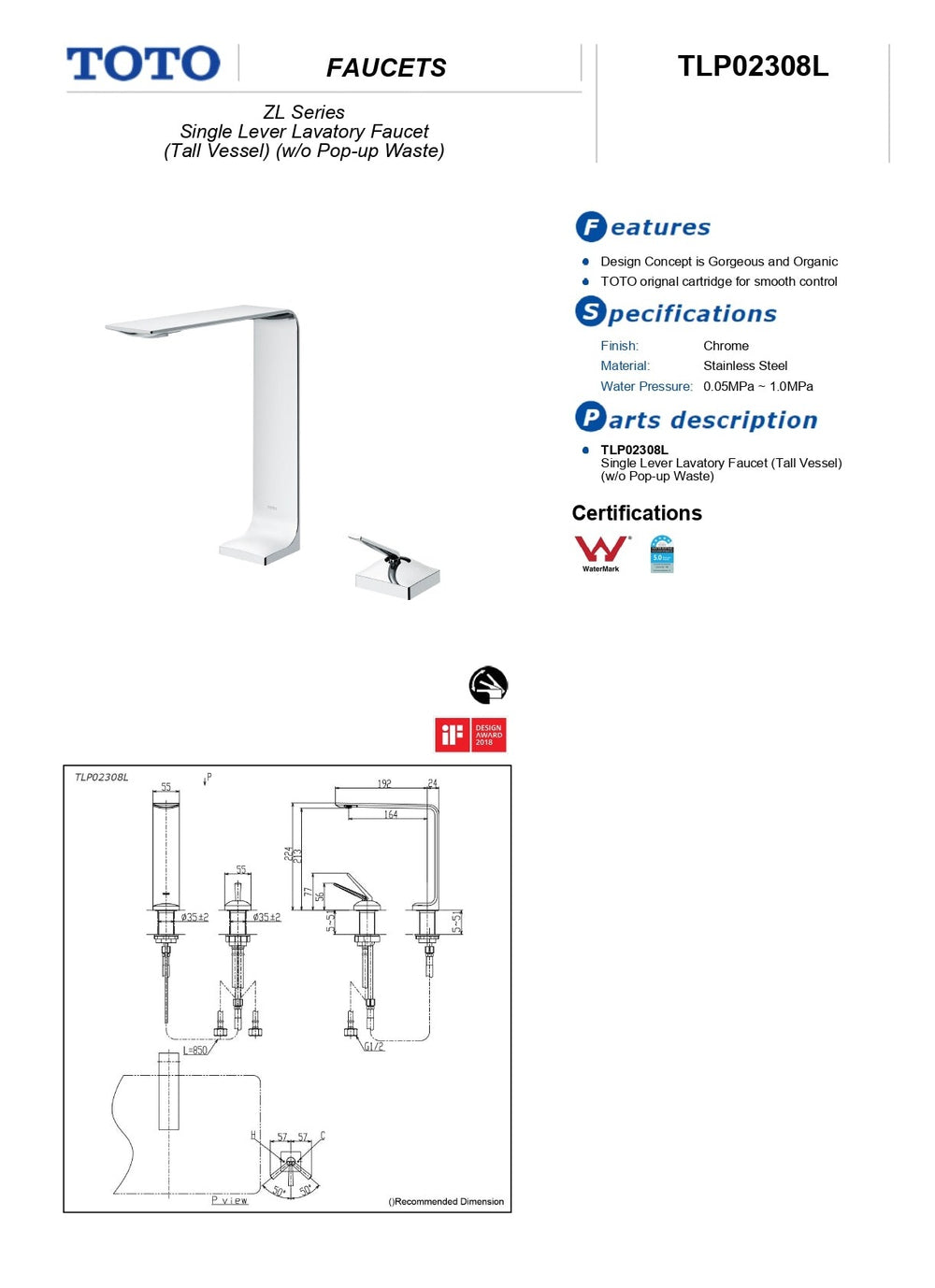 TOTO ZL TALL BASIN MIXER 224MM CHROME