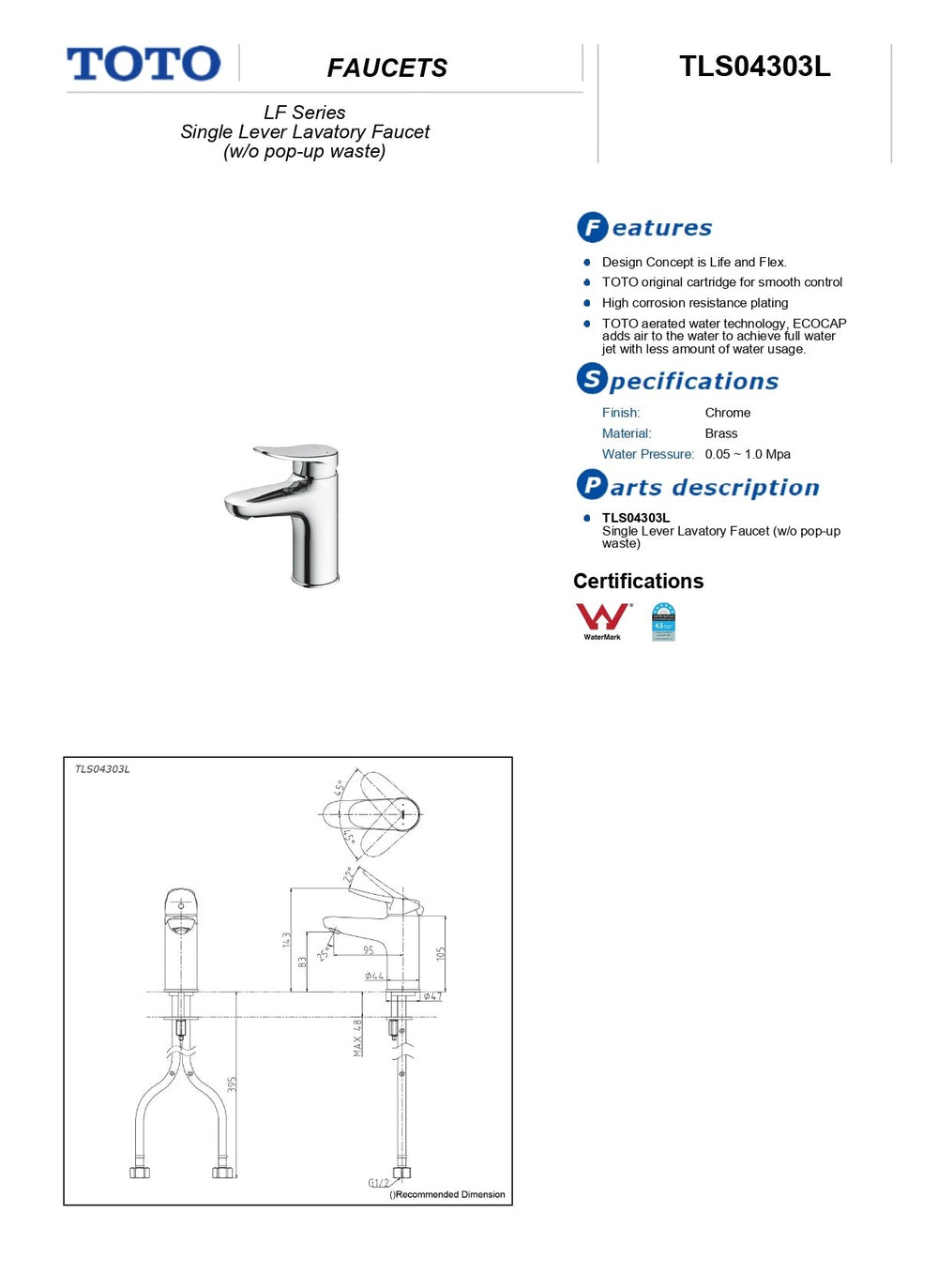 TOTO LF BASIN MIXER CHROME