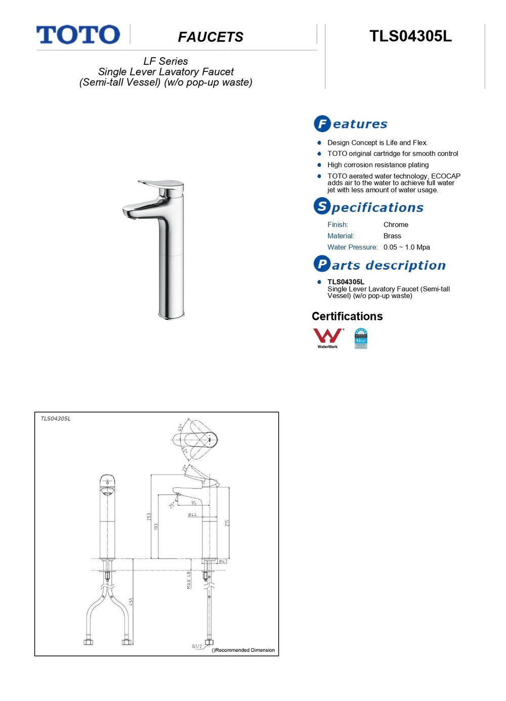 TOTO LF SEMI TALL BASIN MIXER 253MM CHROME