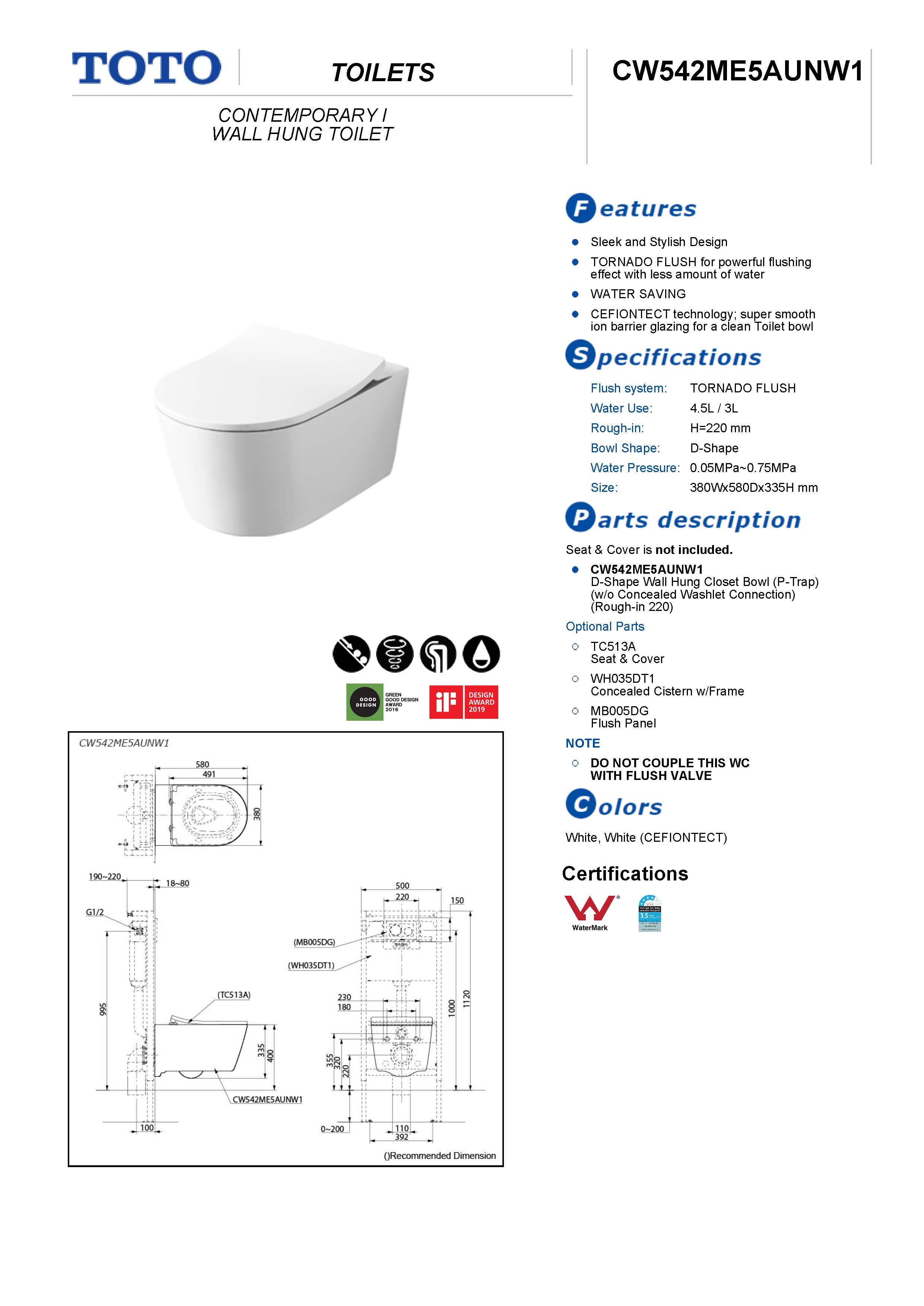 TOTO CONTEMPORARY I WALL HUNG TOILET (D-SHAPE) GLOSS WHITE