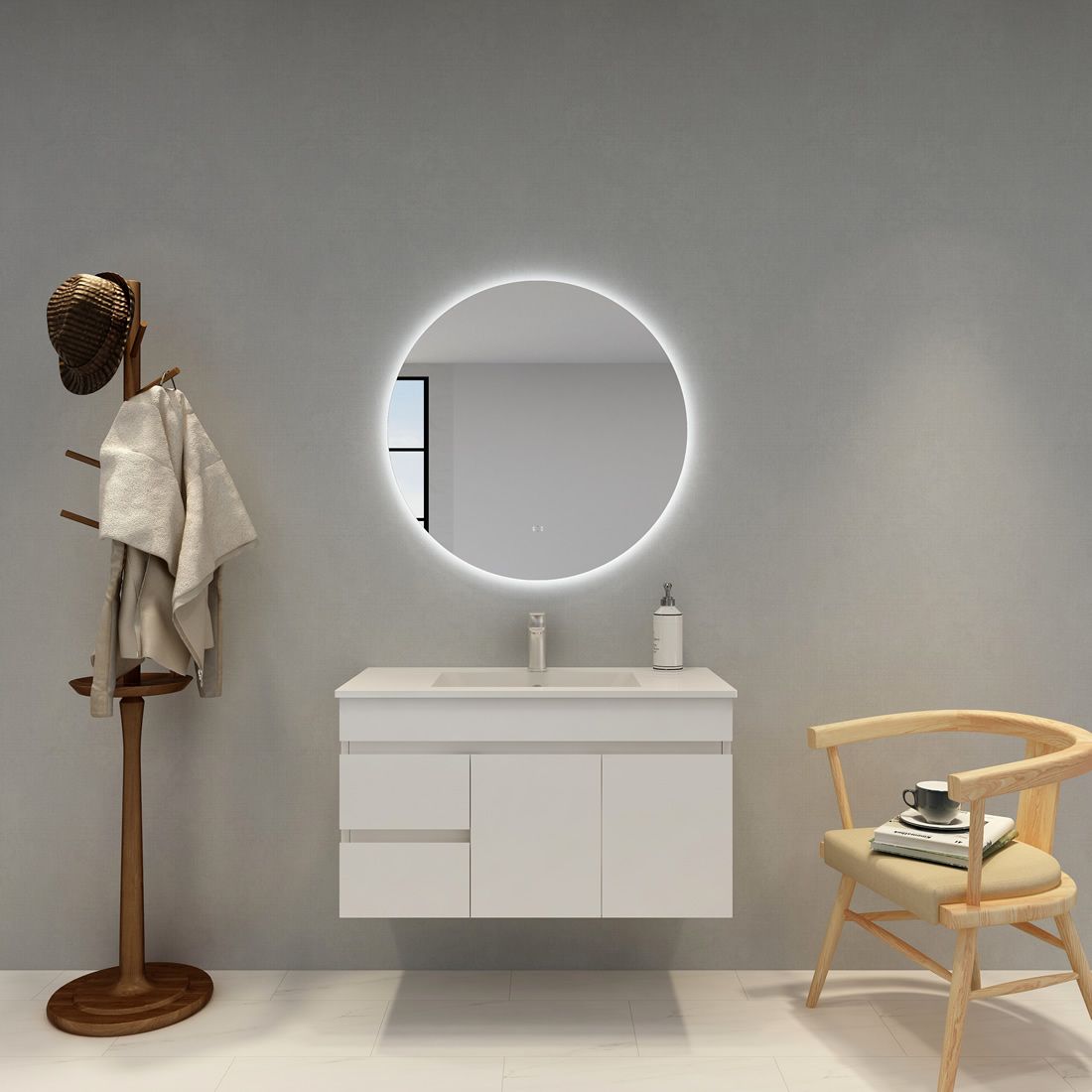 POSEIDON ACRYLIC ROUND BACKLIT LED MIRROR 3 COLOUR LIGHTS 800X800MM