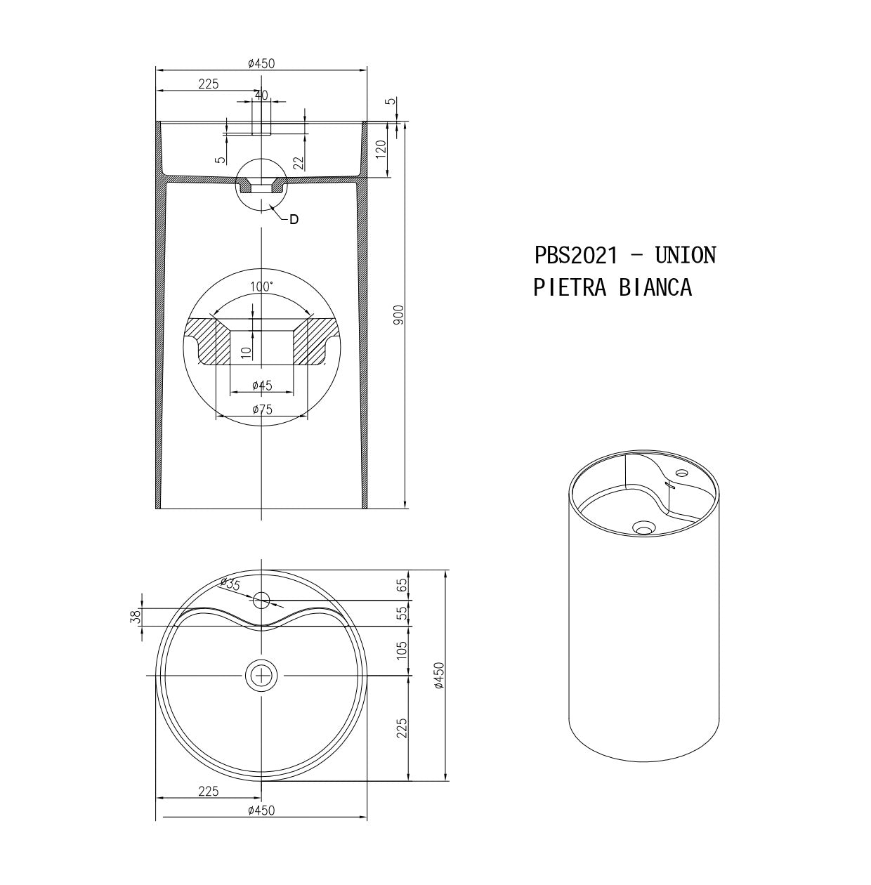 PIETRA BIANCA UNION FREESTANDING PEDESTAL STONE BASIN WITH MULTICOLOUR 450MM