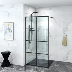 COVEY FRAMED 8 PRINTED GRILLS WALK IN SINGLE PANEL WITH SUPPORT BAR SHOWER SCREEN MATTE BLACK