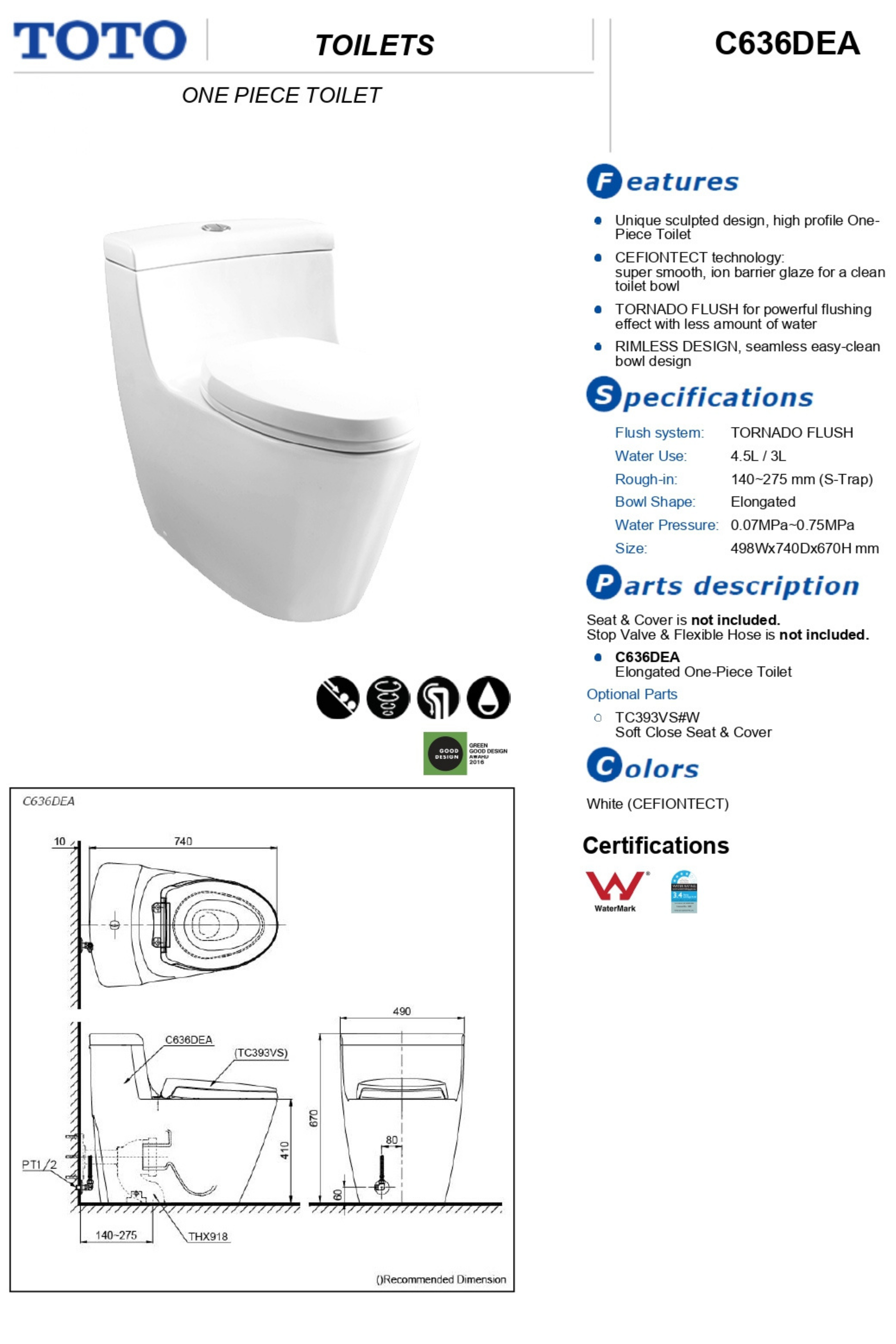 TOTO ONE-PIECE TOILET SUITE GLOSS WHITE