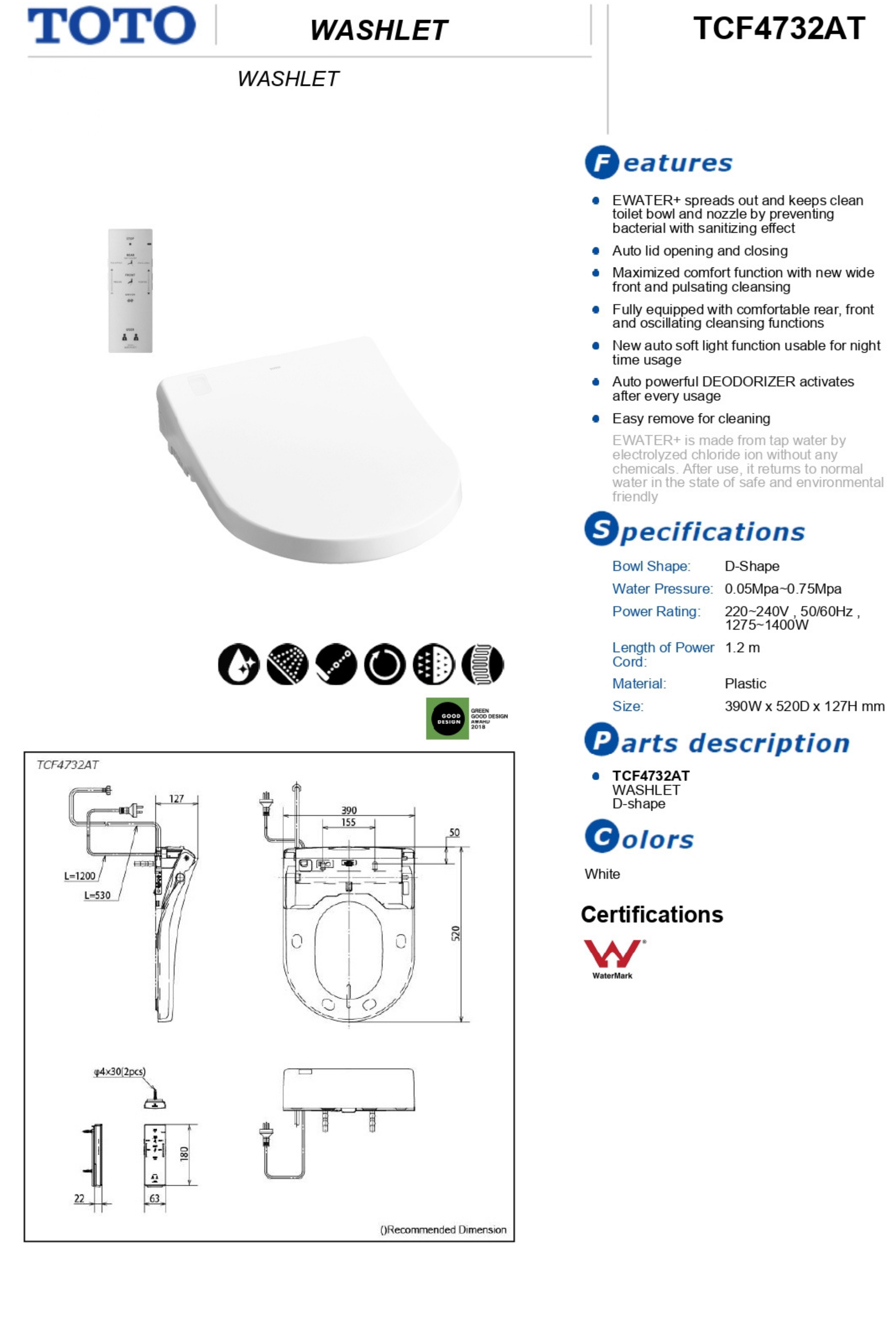 TOTO BASIC+ WASHLET W/ REMOTE CONTROL AND AUTOLID D-SHAPE