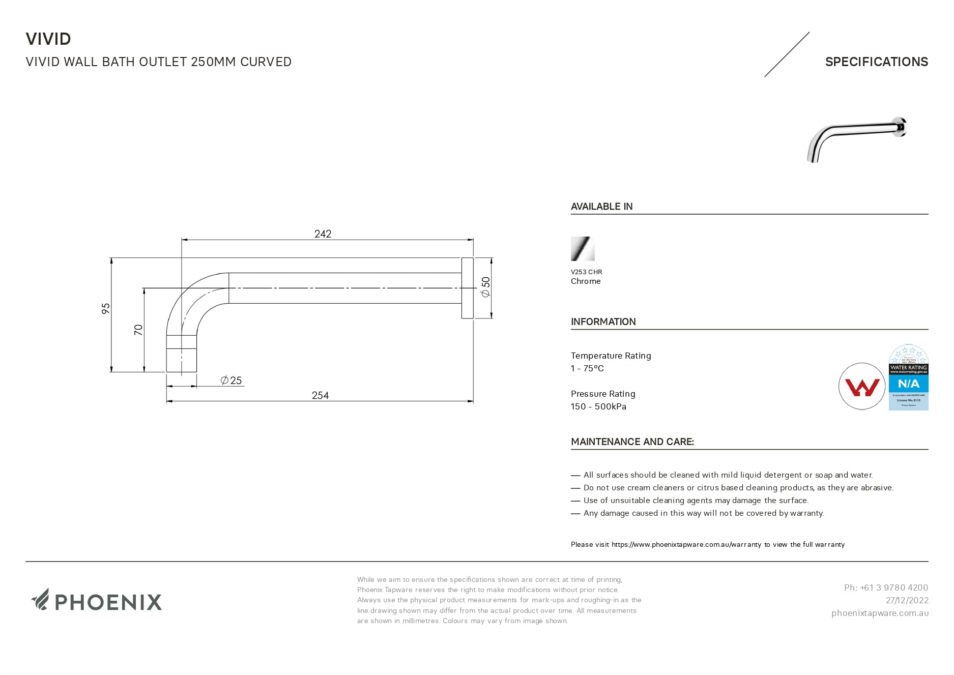 PHOENIX VIVID WALL BATH OUTLET 250MM CURVED CHROME