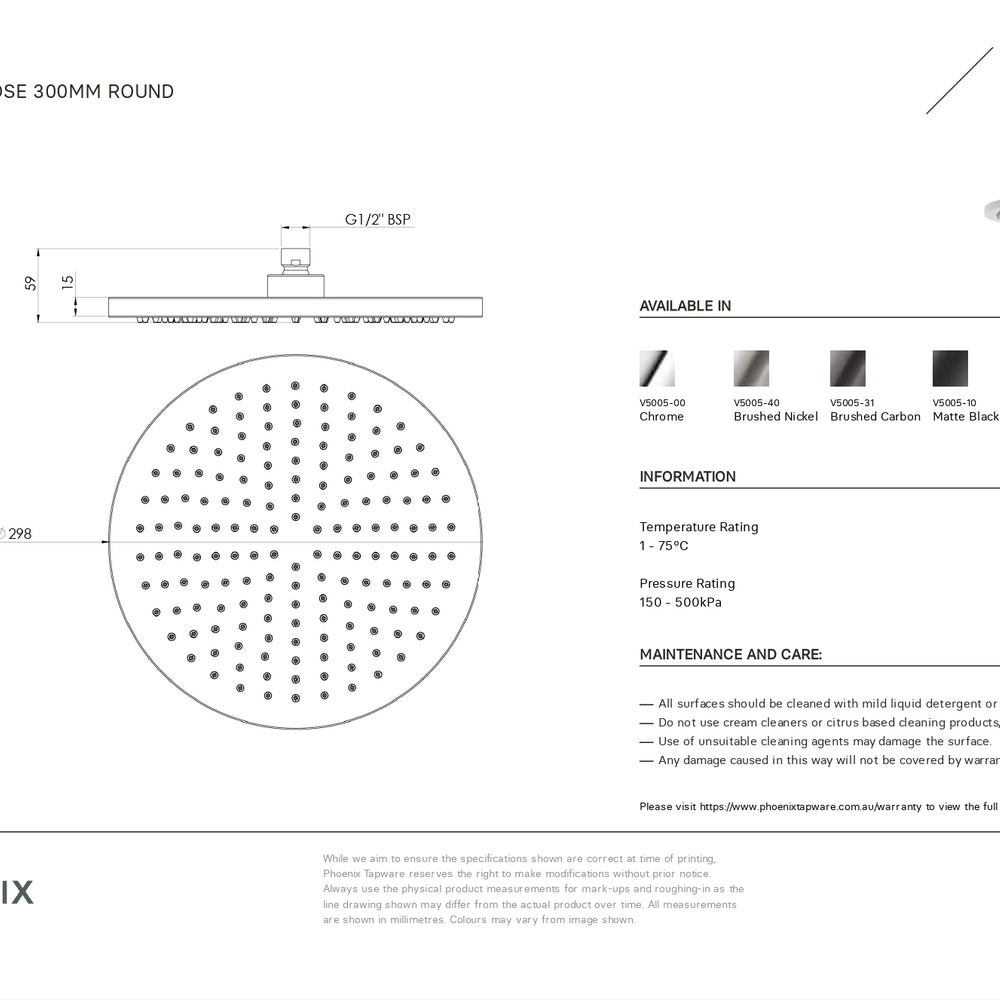 PHOENIX VIVID SHOWER ROSE ROUND 300MM MATTE BLACK