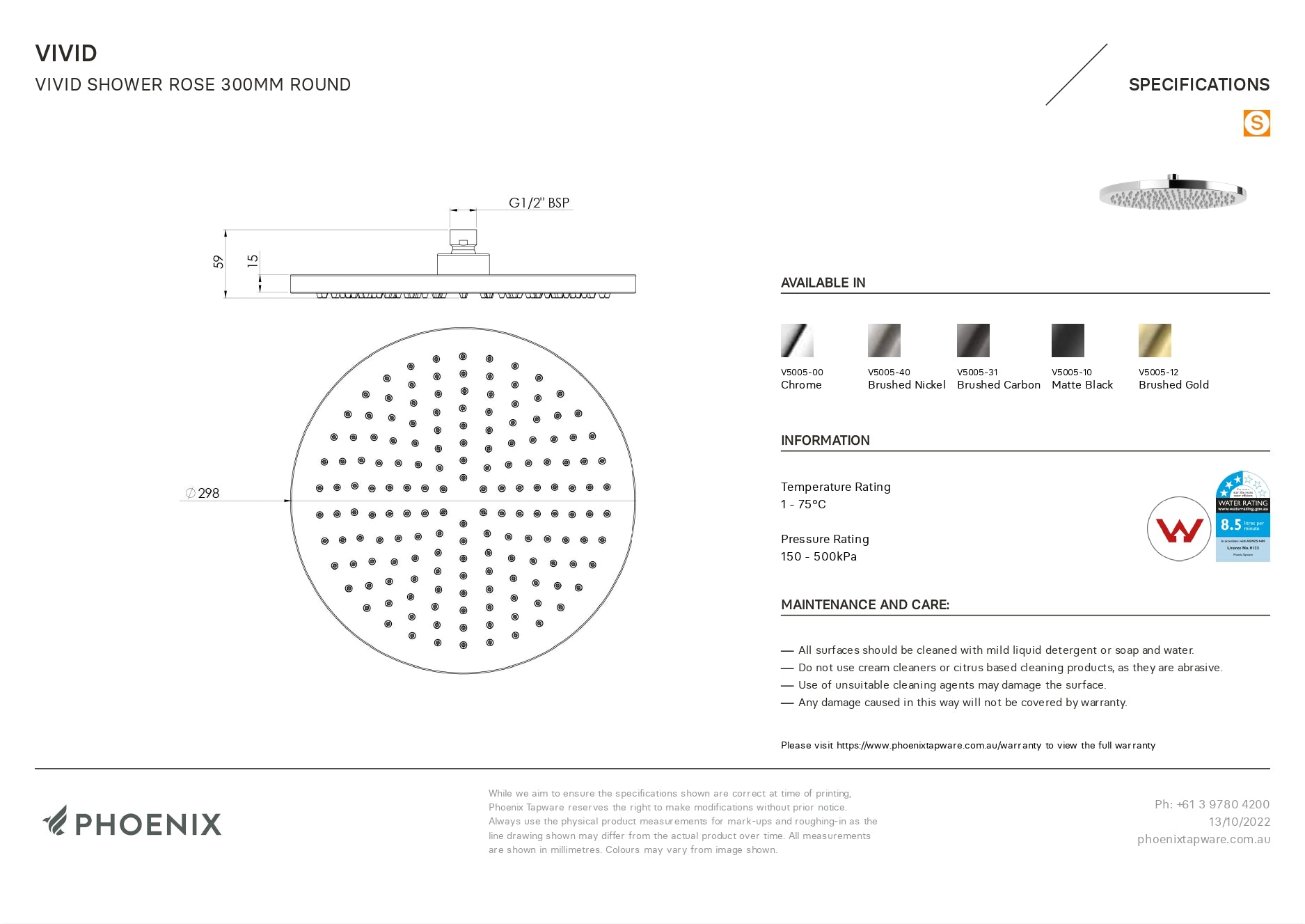 PHOENIX VIVID SHOWER ROSE ROUND 300MM MATTE BLACK
