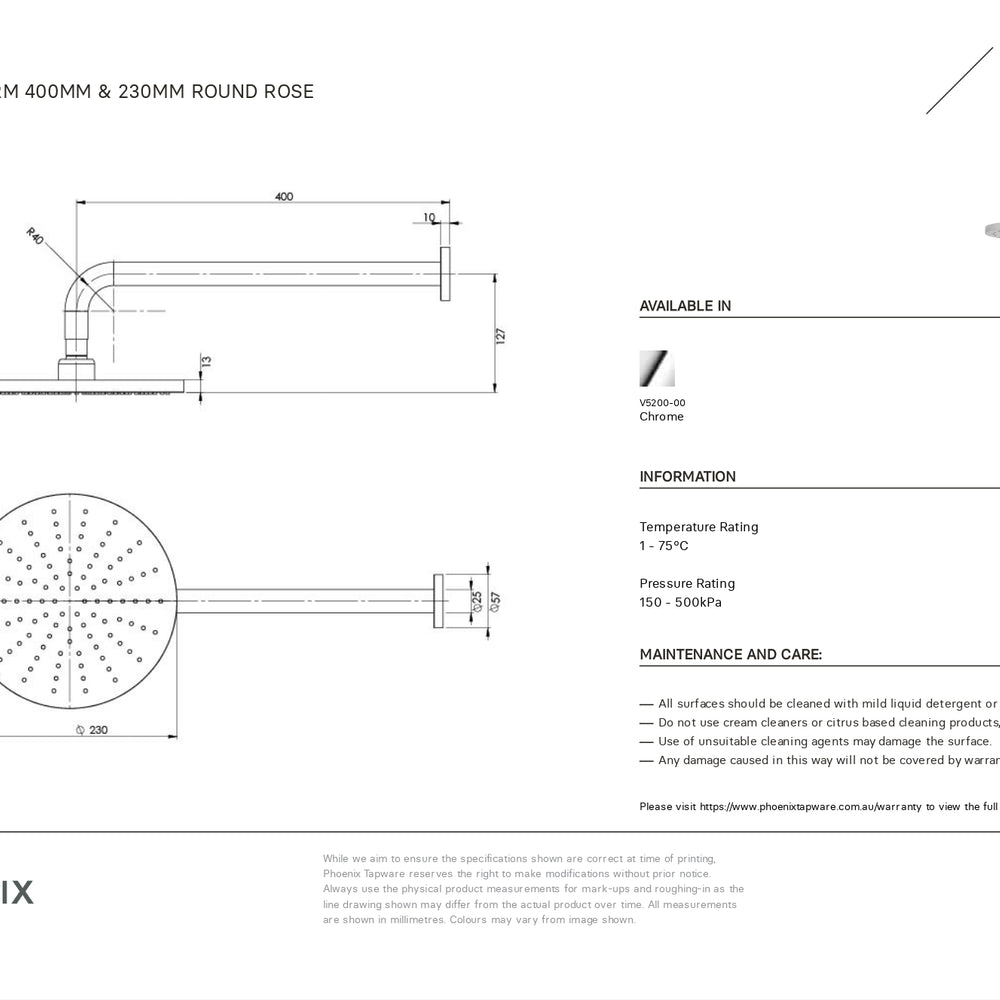 PHOENIX VIVID SHOWER ARM ROUND ROSE CHROME 400MM AND 230MM