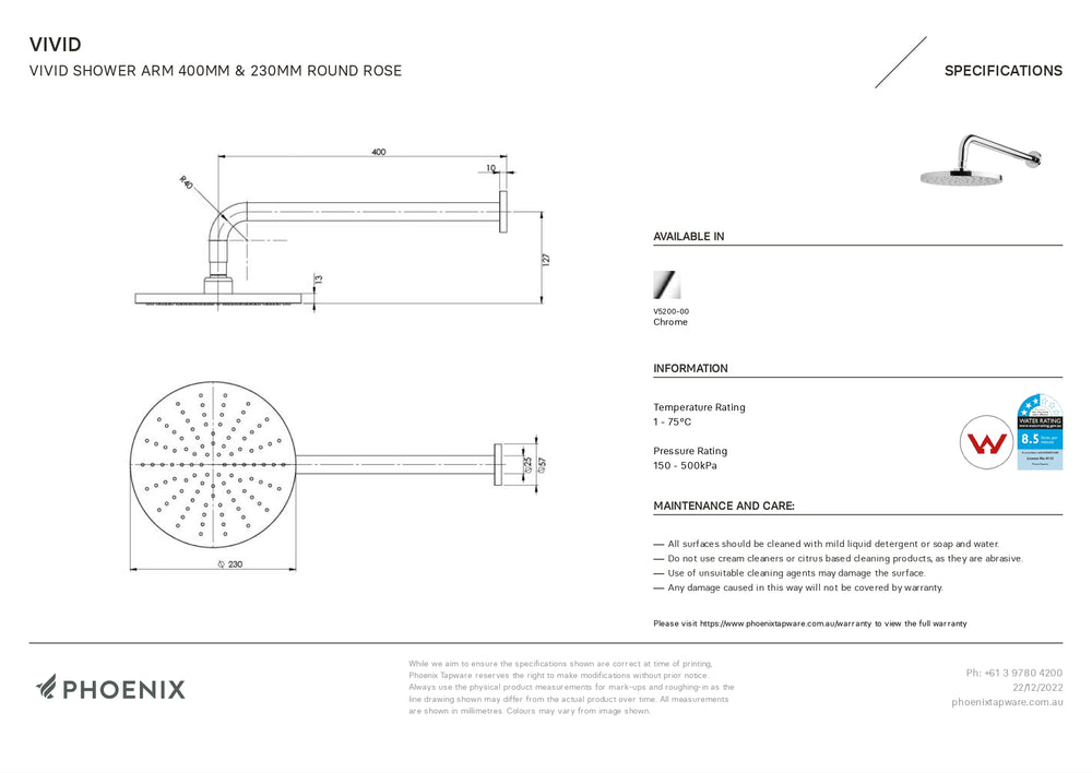 PHOENIX VIVID SHOWER ARM ROUND ROSE CHROME 400MM AND 230MM