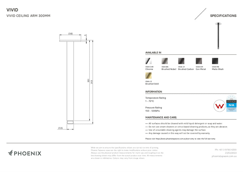 PHOENIX VIVID CEILING ARM CHROME 300MM