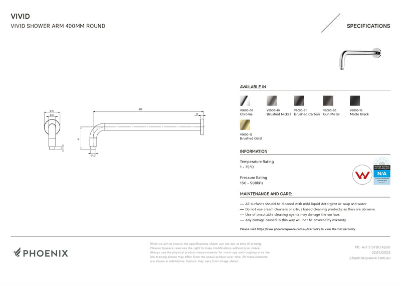 PHOENIX VIVID SHOWER ARM ROUND BRUSHED GOLD 400MM