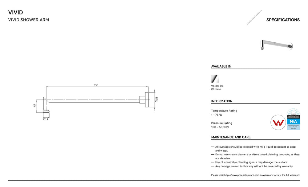 PHOENIX VIVID SHOWER ARM 355MM CHROME