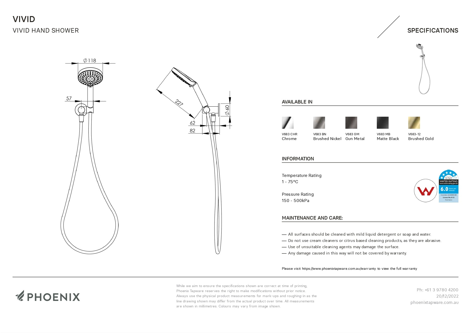 PHOENIX VIVID HAND SHOWER BRUSHED NICKEL