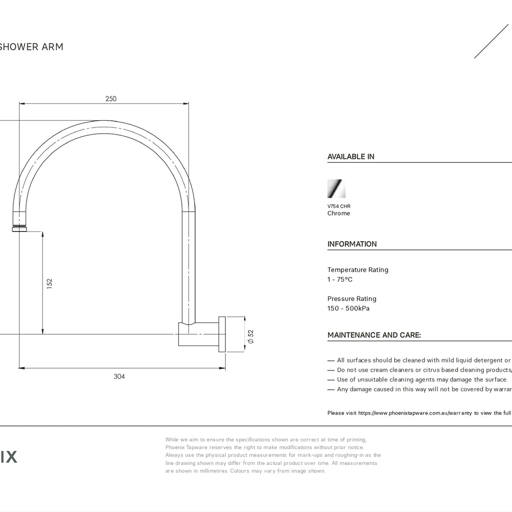 PHOENIX VIVID HIGH-RISE SHOWER ARM 300MM CHROME