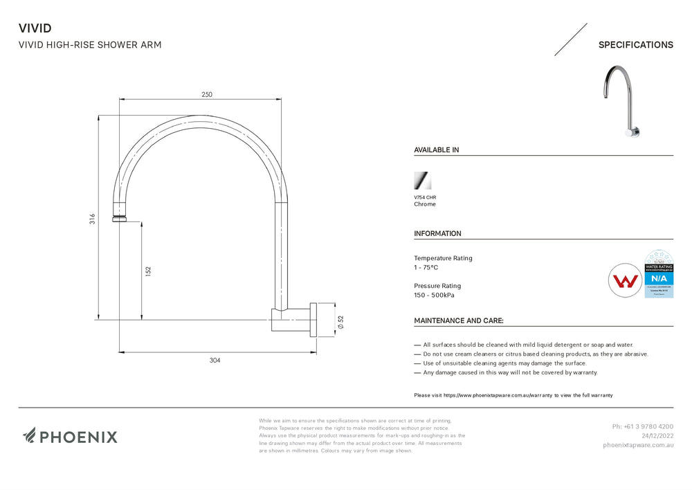 PHOENIX VIVID HIGH-RISE SHOWER ARM 300MM CHROME