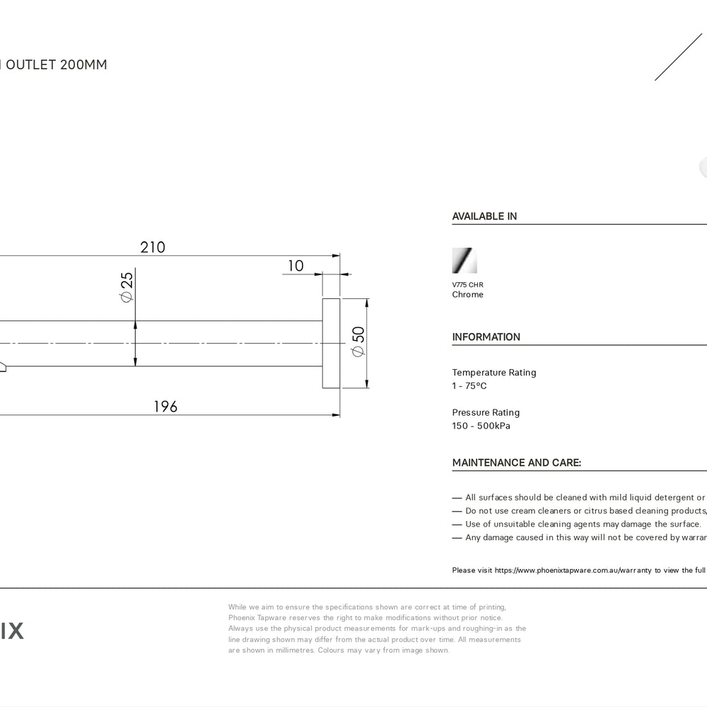 PHOENIX VIVID WALL BASIN OUTLET 200MM CHROME